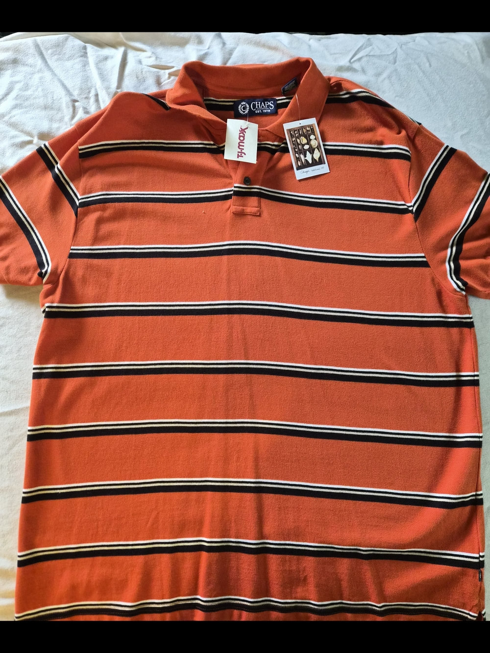 Chaps Orange Polo with Black & White Stripes